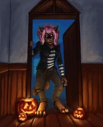  amethystbeetle anthro avoid_posting blue_eyes canid canine canis clothing creepy doorway fangs female food fruit fur grey_body grey_fur grin hair halloween holidays isabella_price jack-o&#039;-lantern jacket light_from_below long_hair looking_at_viewer mammal mythological_canine mythological_creature mythology open_mouth pink_hair plant pumpkin smile solo teeth topwear were werecanid werecanine werewolf wolf 