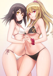  2girls aiba_asagi asymmetrical_docking bare_arms bare_shoulders bikini black_bikini blonde_hair blush breast_press breasts brown_hair cleavage commentary_request cowboy_shot cross_hair_ornament curly_hair fingernails from_side front-tie_bikini_top front-tie_top gradient_background hair_ornament hair_scrunchie hairclip highres himeragi_yukina holding_hands interlocked_fingers lintanghaseo lips long_hair looking_at_viewer looking_to_the_side medium_breasts multiple_girls navel one_side_up photoshop_(medium) pink_scrunchie red_eyes red_scrunchie scrunchie side-tie_bikini_bottom simple_background skindentation smile strap_gap strike_the_blood string_bikini swimsuit white_bikini wrist_scrunchie yellow_eyes 