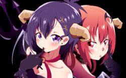  2girls aloe_(kenkou3733) bat_hair_ornament black_background black_choker choker finger_to_face finger_to_mouth gabriel_dropout gloves hair_ornament hallelujah_essaim highres horns medium_hair multiple_girls purple_eyes purple_hair red_eyes red_hair satanichia_kurumizawa_mcdowell simple_background tongue tongue_out vignette_tsukinose_april 