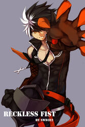  1boy artist_name bad_id bad_pixiv_id black_hair buckle clenched_teeth cross elsword gloves grey_background highres jewelry male_focus multicolored_hair necklace outstretched_hand pants raven_cronwell reckless_fist_(elsword) scar shirt sleeveless sleeveless_shirt solo spiked_hair streaked_hair swd3e2 teeth two-tone_hair white_hair yellow_eyes 