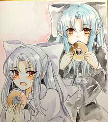  2girls :o blue_hair blush bow capelet commentary_request doughnut food fur-trimmed_capelet fur_trim grey_bow grey_capelet grey_ribbon hairbow half_updo hands_up highres holding holding_food kagetsu_tooya len_(tsukihime) long_hair long_sleeves looking_at_viewer melty_blood multiple_girls neck_ribbon oerba_yun_fang open_mouth parted_bangs photo_(medium) pointy_ears red_eyes ribbon skin_fang sweatdrop tanaji traditional_media tsukihime type-moon upper_body white_bow white_capelet white_len_(tsukihime) white_ribbon 