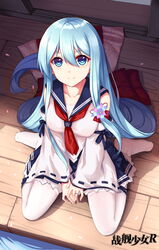  absurdres allenes arm_ribbon blue_hair blue_ribbon blue_skirt character_name closed_mouth collarbone commentary_request copyright_name detached_sleeves female from_above full_body hair_between_eyes hair_ornament highres jewelry long_hair looking_at_viewer miniskirt no_shoes pantyhose petals pleated_skirt ribbon ribbon-trimmed_sleeves ribbon_trim ring sailor_collar shade shirayuki_(warship_girls_r) sitting skirt sliding_doors smile solo very_long_hair warship_girls_r water white_pantyhose wide_sleeves wooden_floor 