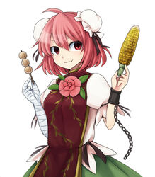  bandaged_arm bandages commentary_request corn corn_cob cuffs dango double_bun eating female food hair_bun holding ibaraki_kasen pink_hair puffy_sleeves red_eyes shirt short_hair short_sleeves simple_background skewer skirt solo tabard touhou wagashi white_background ys_(fall) 