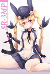  alternate_breast_size assault_rifle black_necktie black_skirt blonde_hair braid breasts breasts_apart character_name commentary_request female fingerless_gloves girls&#039;_frontline gloves gun hat highres long_hair looking_at_viewer medium_breasts navel necktie open_clothes osisio photoshop_(medium) pleated_skirt purple_eyes rifle sitting skirt smile solo sr-3mp sr-3mp_(girls&#039;_frontline) twin_braids twintails very_long_hair wariza weapon 