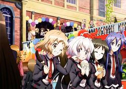  4boys 6+girls :d ^_^ absurdres ahoge akatsuki_kirika andou_kuriyo animal_ears balloon bespectacled blush cat_ears cat_tail character_request cheek_poking chocolate_banana closed_eyes cosplay costume crepe eating festival food food_on_face glasses grin highres itaba_yumi kazanari_tsubasa kohinata_miku long_hair lydian_academy_school_uniform multiple_boys multiple_girls necktie newtype octopus official_art one_eye_closed open_mouth pointing poking railing sakamoto_shunta scan school_uniform senki_zesshou_symphogear short_hair smile tachibana_hibiki_(symphogear) tail terashima_shiori tsukuyomi_shirabe yukine_chris 