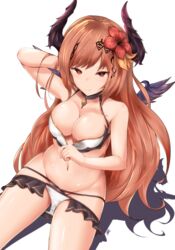  bikini blonde_hair breasts choker cleavage closed_mouth collarbone commentary_request dark_angel_olivia female flower granblue_fantasy hair_flower hair_ornament hand_in_own_hair horns jewelry legs long_hair looking_at_viewer medium_breasts midriff navel olivia_(summer)_(granblue_fantasy) pendant red_eyes rumiya9i shadowverse shingeki_no_bahamut shiny_skin simple_background sitting smile solo swimsuit thighs very_long_hair wings 