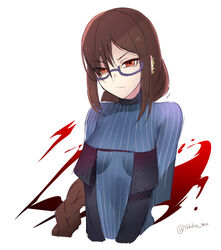  bad_id bad_pixiv_id black_dress blue-framed_eyewear blue_shirt braid breasts brown_hair closed_mouth cropped_torso dress ear_piercing fate/grand_order fate_(series) female glasses hair_between_eyes head_tilt long_hair medium_breasts piercing red_eyes semi-rimless_eyewear shirt single_braid solo strapless strapless_dress striped_clothes striped_shirt twitter_username under-rim_eyewear upper_body v-shaped_eyebrows vertical-striped_clothes vertical-striped_shirt very_long_hair white_background yu_mei-ren_(fate) yu_mei-ren_(first_ascension)_(fate) yukihama 