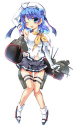  bad_id bad_pixiv_id blue_eyes blue_hair blush breasts commentary_request double_bun elbow_gloves female full_body gloves hair_bun harness hat high_heels kantai_collection large_breasts long_hair looking_at_viewer navel neckerchief one_eye_closed open_mouth school_uniform serafuku skirt sleeves_rolled_up smile solo urakaze_(kancolle) white_background white_gloves white_hat yellow_neckerchief yoroi_nau 