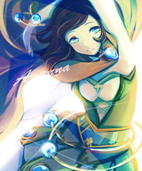  arm_up avanna belt black_hair blue_eyes blurry bracelet cape character_name chichi262 closed_mouth commentary_request cross-laced_clothes depth_of_field dress female green_dress jewelry lens_flare looking_at_viewer shade simple_background smile solo swept_bangs upper_body vocaloid white_background 