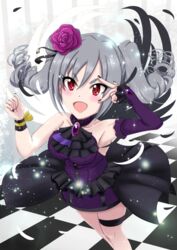  angel_wings commentary_request daiichi_(1279220) dress drill_hair female grey_hair highres idolmaster idolmaster_cinderella_girls kanzaki_ranko long_hair open_mouth red_eyes rosenburg_engel_(idolmaster) solo twin_drills twintails wings 