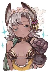  :&lt; animal_ears animal_hands aqua_eyes bug butterfly cat_ears dark-skinned_female dark_skin erune feather_hair_ornament feathers female flower granblue_fantasy grey_hair hair_flower hair_ornament melleau paw_pose short_hair solo sparkle toi_(toiot) upper_body 