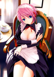  absurdres apron blue_eyes bra breasts cleavage clothes_lift cup female highres hima kisaki_mio lace lace_bra large_breasts maid maid_headdress photoshop_(medium) pink_hair scan short_hair sitting skirt skirt_lift solo teacup teapot underwear walkure_romanze white_bra 