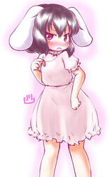  :3 animal_ears blue_hair blush commentary_request dress female highres inaba_tewi nose_blush open_mouth pink_dress puffy_short_sleeves puffy_sleeves rabbit_ears rabbit_tail red_eyes see-through_silhouette short_sleeves solo sweat tail touhou uho_(uhoyoshi-o) 