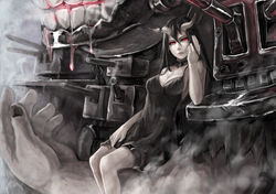  abyssal_ship battleship_princess black_dress black_hair collar commentary dress female fuuko_chan horns kantai_collection long_hair red_eyes short_dress solo thigh_strap 