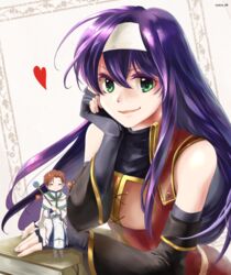  artist_name bare_shoulders black_gloves book brown_hair chibi chin_rest cloak closed_eyes cyaca_ab dress elbow_gloves female fingerless_gloves fire_emblem fire_emblem:_akatsuki_no_megami gloves green_eyes hair_between_eyes hairband heart lips long_hair looking_at_viewer purple_hair rhys robe short_hair sitting_on_hand smile staff turtleneck wayu_(fire_emblem) white_hairband 