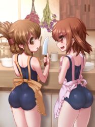  2girls :d apron ass brown_eyes brown_hair commentary_request counter cup cupboard cutting_board flower folded_ponytail from_behind hair_ornament hairclip holding holding_knife ikazuchi_(kancolle) inazuma_(kancolle) indoors kantai_collection knife lipstick long_hair makeup mug multiple_girls oerba_yun_fang one-piece_swimsuit open_mouth plate pot school_swimsuit smile standing swimsuit yellow_eyes you_naka 