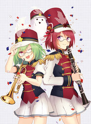  2girls ;d bad_id bad_pixiv_id band_uniform bob_cut braid chocolate_cosmos_(flower_knight_girl) clarinet confetti epaulettes flower_knight_girl food-themed_hair_ornament ghost glasses green_hair hair_ornament hat instrument knenj looking_at_viewer multiple_girls one_eye_closed open_mouth pepo_(flower_knight_girl) photoshop_(medium) pumpkin_hair_ornament purple_eyes red_hair shako_cap short_hair simple_background skirt smile trumpet white_skirt 