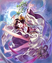  :d amaterasu_(shingeki_no_bahamut) artist_request barefoot black_hair branch cygames female full_body hair_ornament happy headpiece mirror official_art open_mouth red_eyes shadowverse shingeki_no_bahamut short_hair smile solo wide_sleeves 