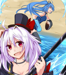  2girls blue_hair borrowed_character commentary_request hat highres hodunomiya_mirai long_hair looking_back minazuki_shizuku mini_hat mini_top_hat multiple_girls open_mouth original pixiv_mahou_gakuen purple_hair red_eyes smile top_hat vellark 