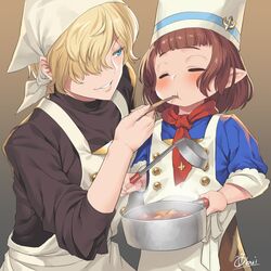  2girls androgynous apron artist_name black_shirt blonde_hair blue_eyes blunt_bangs blush bridgette_(granblue_fantasy) brown_hair buttons chef chef_hat closed_eyes closed_mouth commentary_request cooking_pot cordelia_(granblue_fantasy) evil_grin evil_smile feeding food gradient_background granblue_fantasy grin hair_over_one_eye harvin hat holding holding_cooking_pot holding_ladle ladle looking_at_another multiple_girls obui parted_lips pointy_ears reverse_trap shirt short_hair signature smile soup steam turtleneck white_apron 