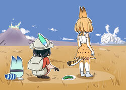  2girls absurdres animal_ears backpack bag black_gloves black_hair cloud commentary_request cucumber day elbow_gloves gloves hat hat_feather helmet high-waist_skirt highres kaban_(kemono_friends) kemono_friends lucky_beast_(kemono_friends) mountain multiple_girls no_legwear outdoors pith_helmet plains_zebra_(kemono_friends) red_shirt rogubo savanna_striped_giant_slug_(kemono_friends) savannah serval_(kemono_friends) serval_print shirt short_hair shorts skirt sleeveless sleeveless_shirt slug striped_tail tail 