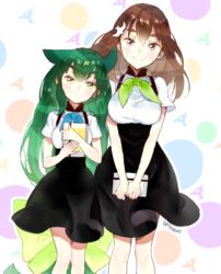  2girls anco_(melon85) breasts brown_hair female gatchaman gatchaman_crowds green_eyes green_hair ichinose_hajime long_hair multiple_girls school_uniform skirt utsutsu 