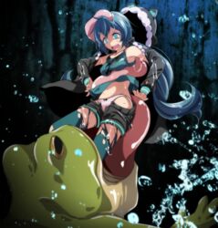  absurdres animal_ears aqua_eyes bad_id bad_pixiv_id black_ribbon black_shorts blue_hair blue_pantyhose blue_shirt bow bow_panties fake_animal_ears female floating_hair frog fur_trim green_ponpoko_(module) hair_between_eyes hatsune_miku highres hood kunoichi_demo_koi_ga_shitai_(vocaloid) long_hair midriff navel open_clothes open_mouth open_shorts panties pantyhose pantyhose_under_shorts project_diva_(series) ribbon shirt short_shorts shorts sleeveless sleeveless_shirt solo stomach torn_clothes torn_pantyhose tsukishiro_saika twintails underwear very_long_hair vocaloid vore white_panties 