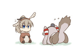  2girls all_fours alternate_costume amatsukaze_(kancolle) animal_costume blue_eyes brown_hair commentary_request flying_sweatdrops grey_hair hair_tubes hat high_ponytail kantai_collection kumano_(kancolle) long_hair miyo_(miyomiyo01) multiple_girls ponytail simple_background sitting squirrel_costume squirrel_tail tail two_side_up white_background 