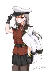  belt black_gloves black_pantyhose black_skirt blush breasts collared_shirt commentary_request epaulettes female gangut_(kancolle) gangut_dva_(kancolle) gloves grey_hair hair_between_eyes hair_ornament hairclip hand_on_headwear hat jacket jacket_on_shoulders kantai_collection long_hair long_sleeves looking_at_viewer medium_breasts military military_hat military_jacket military_uniform miniskirt p-crush pantyhose pleated_skirt red_eyes red_shirt scar scar_on_cheek scar_on_face shirt short_sleeves skirt solo uniform 