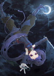  akatsuki_(log_horizon) commentary detached_sleeves english_commentary female highres kunai log_horizon long_hair photoshop_(medium) ponytail purple_eyes purple_hair short_sword solo sword wait weapon 