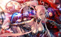  ass bare_shoulders black_dress black_gloves black_pantyhose blonde_hair breasts chains cleavage commentary_request dragon dragon_girl dragon_horns dragon_tail dress elbow_gloves female garter_straps gloves hair_tubes hanging_breasts horns large_breasts long_hair looking_at_viewer pantyhose photoshop_(medium) pixiv_fantasia pixiv_fantasia_t pointy_ears ponytail ryuuzaki_ichi shotel solo strapless strapless_dress sword tail thighband_pantyhose thighs very_long_hair weapon yellow_eyes 