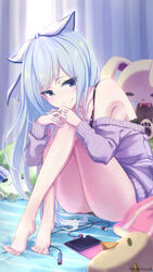  bad_id bad_pixiv_id bare_legs bare_shoulders barefoot bed_sheet black_bra black_panties blue_eyes blue_hair bra cellphone closed_mouth commentary_request curtains day female hair_ribbon head_tilt lace lace-trimmed_bra lace-trimmed_panties lace_trim long_hair long_sleeves looking_at_viewer loup off-shoulder_sweater off_shoulder on_bed original panties phone purple_sweater ribbon sitting smartphone smartphone_case smile solo stuffed_animal stuffed_rabbit stuffed_toy sunlight sweater toenails underwear very_long_hair white_ribbon window 