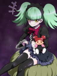  biburi_(precure) black_hairband black_skirt black_thighhighs bow bowtie character_doll chiba_chiemi commentary_request female frilled_hairband frills gothic_lolita green_hair hairband harukaze_doremi kirakira_precure_a_la_mode light_green_hair lolita_fashion looking_at_viewer ojamajo_doremi precure red_bow red_bowtie sitting skirt smile solo thighhighs tj-type1 twintails voice_actor_connection yellow_eyes zettai_ryouiki 