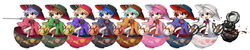  :d alternate_color aqua_hair blonde_hair blue_eyes blue_hair brown_hair commentary_request female green_eyes hat highres holding holding_needle japanese_clothes kimono light_purple_hair mallet needle obi open_mouth pink_hair player_2 purple_eyes red_eyes red_hair sash short_hair smile sukuna_shinmyoumaru touhou urban_legend_in_limbo white_hair wide_image ys_(fall) 