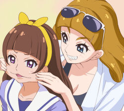  2girls amanogawa_kirara amanogawa_stella blue_eyes breasts brown_hair cleavage clenched_teeth dress eyewear_on_head go!_princess_precure hairband haruyama_kazunori long_hair medium_breasts mother_and_daughter multiple_girls noble_academy_school_uniform precure purple_eyes school_uniform short_hair smile sunglasses teeth twintails 