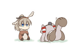  2girls all_fours alternate_costume amatsukaze_(kancolle) animal_costume blue_eyes brown_hair commentary_request grey_hair hair_tubes hat high_ponytail kantai_collection kumano_(kancolle) long_hair miyo_(miyomiyo01) multiple_girls ponytail simple_background sitting squirrel_costume squirrel_tail tail two_side_up white_background 