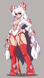  2d cleavage fujiwara_no_mokou impossible_clothes leotard long_hair looking_at_viewer pixel_art red_eyes ribbon takorin touhou white_hair 