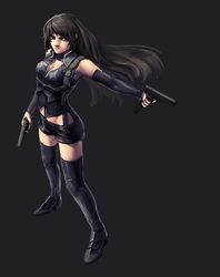  afi_(arsenixc) black_background black_hair black_thighhighs borrowed_character breasts cleavage commentary detached_sleeves dual_wielding expressionless extended_magazine female gun handgun highres holding legs_apart long_hair m11k medium_breasts midriff original russian_commentary shorts simple_background solo symbol-shaped_pupils thighhighs weapon 