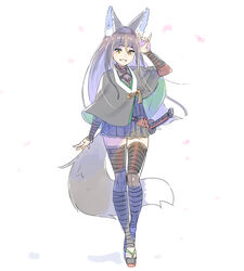  \m/ animal_ear_fluff animal_ears brown_hair capelet commentary_request enkyo_yuuichirou female fox_ears fox_shadow_puppet fox_tail grey_capelet grin hair_between_eyes hakama hakama_short_skirt hakama_skirt hand_up high_heels japanese_clothes katana kitsunegasaki_tametsugu_(tenka_hyakken) long_hair sandals sheath sheathed simple_background skirt smile solo standing sword tail tenka_hyakken thighhighs weapon white_background yellow_eyes zettai_ryouiki 