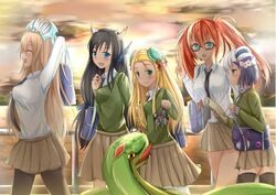  5girls aqua_eyes bad_id bad_pixiv_id black_hair blonde_hair blue_eyes double_bun glasses green_eyes grey_hair hair_bun haku_(p&amp;d) highres horns karin_(p&amp;d) konka leilan_(p&amp;d) meimei_(p&amp;d) multicolored_hair multiple_girls open_mouth pantyhose puzzle_&amp;_dragons red_hair sakuya_(p&amp;d) school_uniform snake turtle_shell twintails 