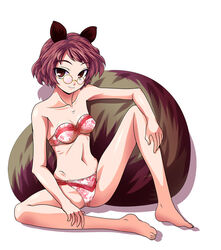  animal_ears bra brown_eyes brown_hair commentary_request female fue_(fuef) futatsuiwa_mamizou glasses long_legs panties pince-nez print_bra print_panties raccoon_ears raccoon_tail ribs sitting skinny smile strapless strapless_bra tail touhou underwear underwear_only 