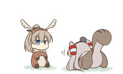  2girls all_fours alternate_costume amatsukaze_(kancolle) animal_costume blue_eyes brown_hair commentary_request grey_hair hair_tubes hat high_ponytail kantai_collection kumano_(kancolle) long_hair miyo_(miyomiyo01) multiple_girls ponytail simple_background sitting squirrel_costume squirrel_tail tail two_side_up white_background 