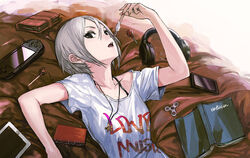  black_eyes book candy cellphone clothes_writing commentary_request earrings female fidget_spinner food grey_hair hair_between_eyes handheld_game_console headphones ice_cream idolmaster idolmaster_cinderella_girls idolmaster_cinderella_girls_starlight_stage infukun jewelry lollipop looking_at_viewer necklace open_mouth phone photoshop_(medium) playstation_portable popsicle shiomi_syuko shirt short_hair smartphone solo t-shirt tablet_pc 