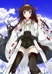  aircraft airplane bad_id bad_pixiv_id bare_shoulders black_thighhighs blue_eyes blue_sky blush boots brown_hair cannon cloud day detached_sleeves double_bun female hair_bun hair_ornament hairband headgear japanese_clothes kantai_collection kongou_(kancolle) long_hair nontraditional_miko photoshop_(medium) skirt sky smile solo splashing thigh_boots thighhighs toake_mikage turret water 