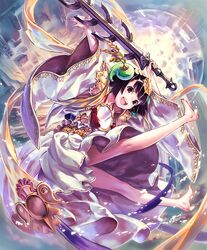  :d amaterasu_(shingeki_no_bahamut) artist_request barefoot black_hair cygames female full_body gold_trim hair_ornament happy headpiece mirror official_art open_mouth red_eyes shadowverse shingeki_no_bahamut short_hair smile solo sword weapon wide_sleeves 