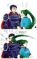  1boy angry armor blue_eyes blue_hair cape commentary_request female fire_emblem fire_emblem:_the_blazing_blade gloves green_eyes green_hair hector_(fire_emblem) long_hair lyn_(fire_emblem) open_mouth ponytail short_hair smile very_long_hair whipping_hair z_hard 