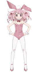  animal_ears bare_shoulders blush bow bowtie detached_collar female full_body hair_ornament hands_on_own_hips highres huffing long_hair looking_at_viewer magia_record:_mahou_shoujo_madoka_magica_gaiden mahou_shoujo_madoka_magica medium_hair pantyhose pink_eyes pink_footwear pink_hair playboy_bunny rabbit_ears ribbon shoes simple_background smile solo standing strapless tamaki_ui white_background wrist_cuffs you2 