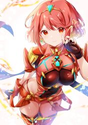  blush breasts chest_jewel commentary_request core_crystal_(xenoblade) earrings female fingerless_gloves fire gloves headpiece highres jewelry large_breasts looking_at_viewer pyra_(xenoblade) red_eyes red_hair red_shorts short_hair shorts simple_background smile solo swept_bangs thighhighs tiara ui_frara white_background xenoblade_chronicles_(series) xenoblade_chronicles_2 