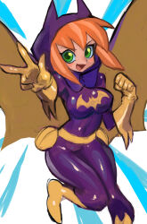  animal_ear_hood animal_ears batgirl batman_(series) belt blush bodysuit boots breasts cape dakusuta dc_comics dc_super_hero_girls fake_animal_ears female gloves green_eyes hands_up highres hood hood_up horned_hood horns large_breasts leg_up looking_at_viewer open_mouth orange_hair outstretched_hand pouch purple_bodysuit purple_cape purple_hood short_hair smile solo superhero_costume two-sided_cape two-sided_fabric v v-shaped_eyebrows yellow_belt yellow_cape yellow_footwear yellow_gloves 