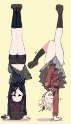  &gt;:) 2girls black_hair black_socks blonde_hair blue_eyes grey_skirt handstand highres inoue_takina lycoris_recoil lycoris_uniform multiple_girls nishikigi_chisato one_arm_handstand panyatteria shorts shorts_under_skirt skirt skirt_hold smug socks v-shaped_eyebrows yellow_background 